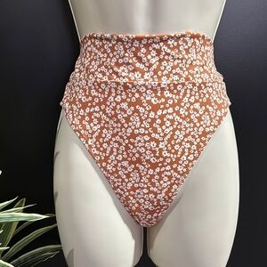 UpWest High Waist & Cut Floral Banded Bikini bottom,soft stretch, swim, cinnamon